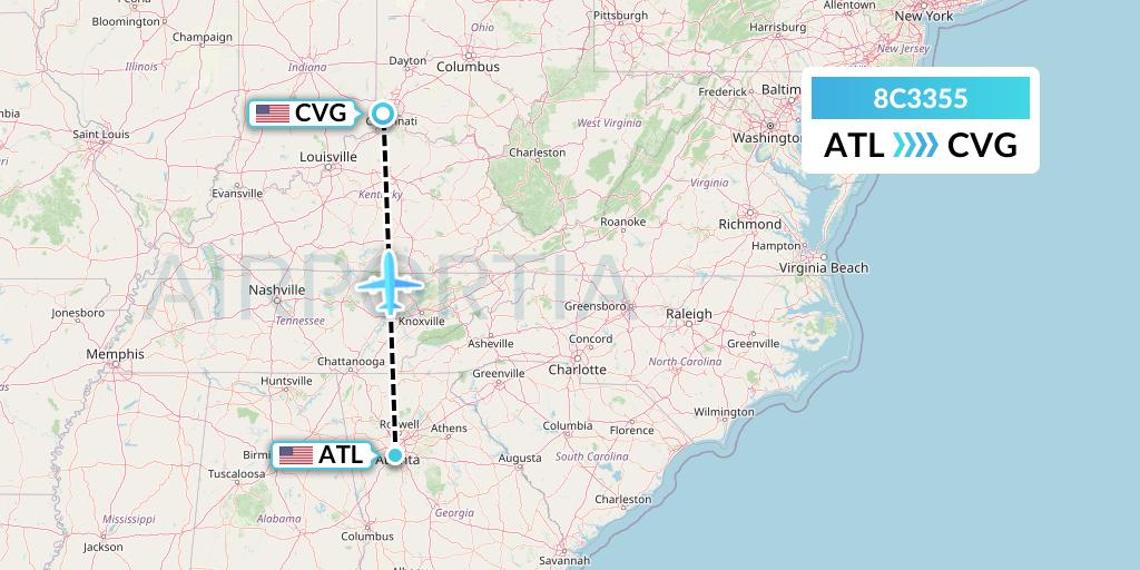 8C3355 Air Transport International Flight Map: Atlanta to Cincinnati