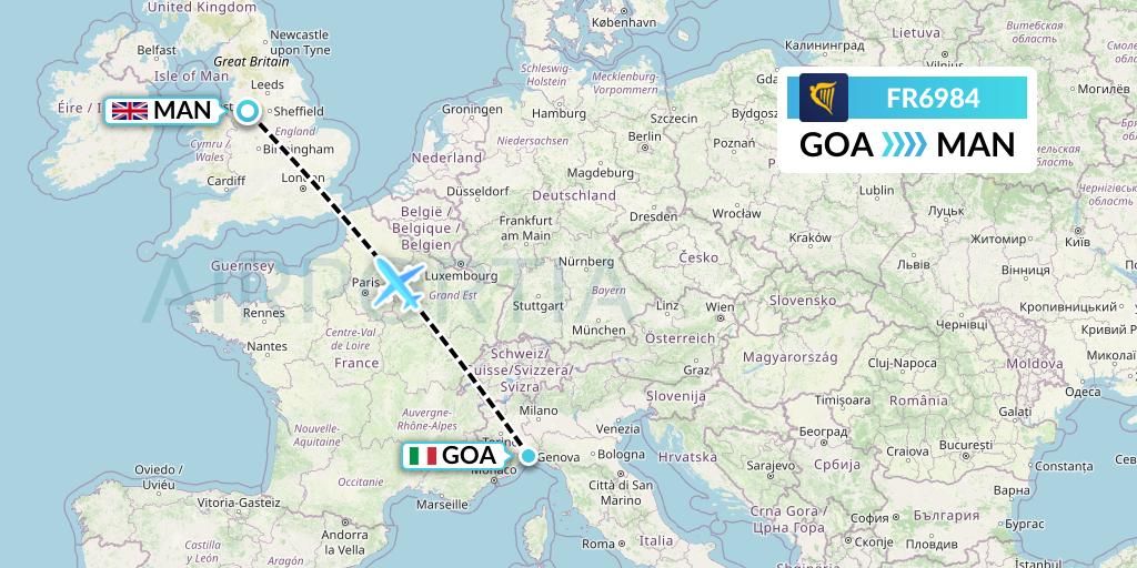 FR6984 Ryanair Flight Map: Genoa to Manchester