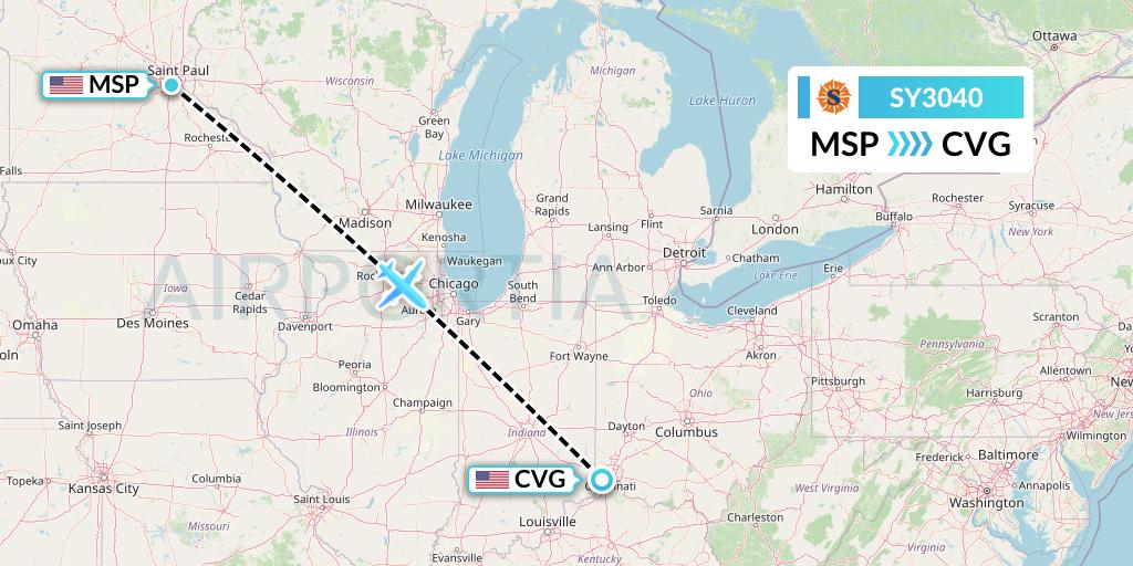 SY3040 Sun Country Airlines Flight Map: Minneapolis to Cincinnati