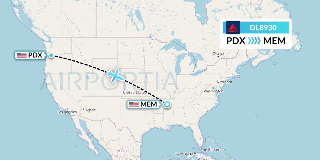 DL8930 Delta Air Lines Flight Map: Portland to Memphis
