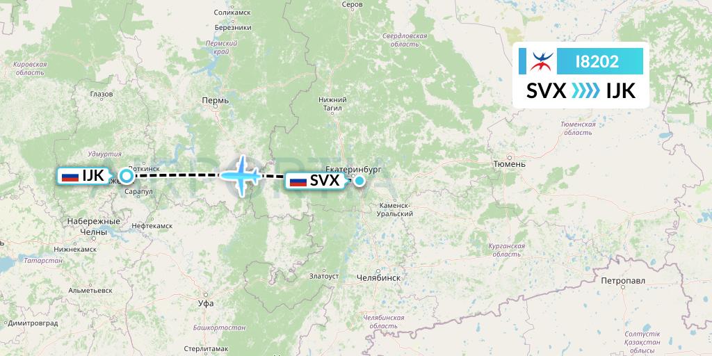 I8202 Izhavia Flight Map: Yekaterinburg to Izhevsk