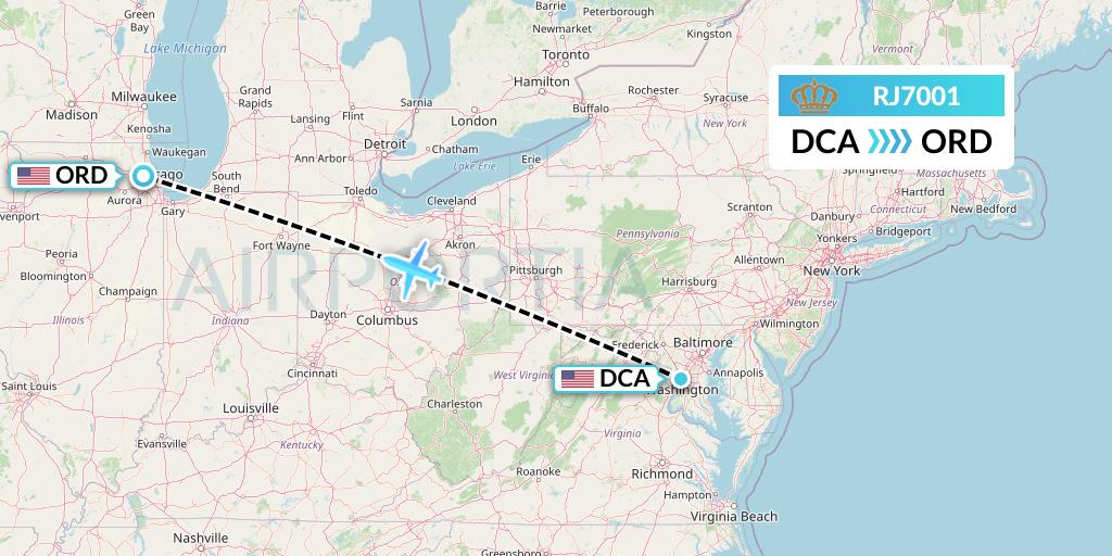 RJ7001 Royal Jordanian Flight Map: Washington to Chicago