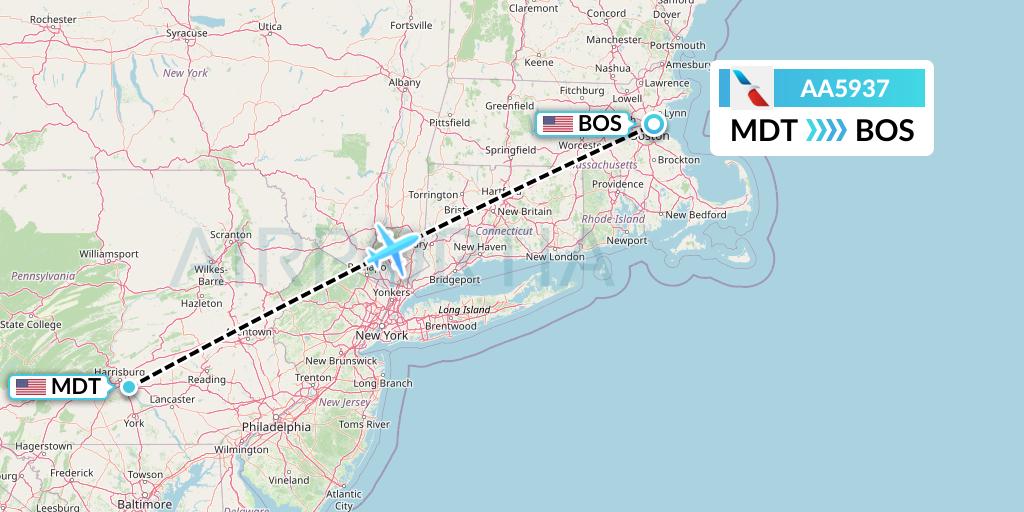 AA5937 American Airlines Flight Map: Harrisburg to Boston