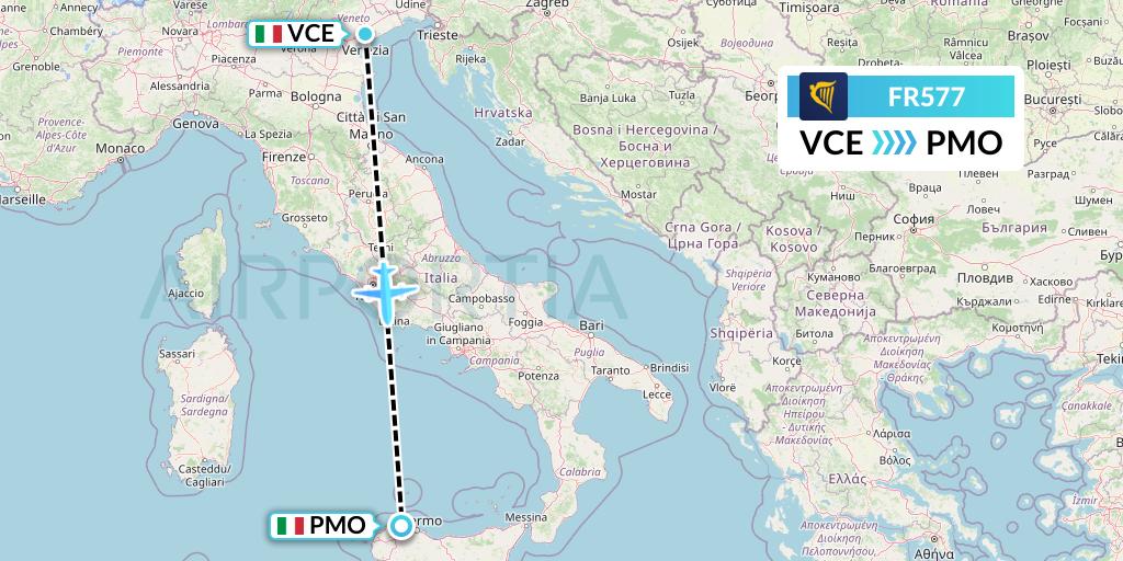 FR577 Ryanair Flight Map: Venice to Palermo