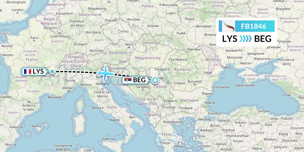 FB1846 Bulgaria Air Flight Map: Lyon to Belgrade