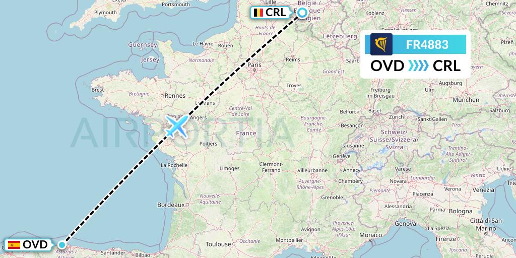 FR4883 Ryanair Flight Map: Asturias to Brussels