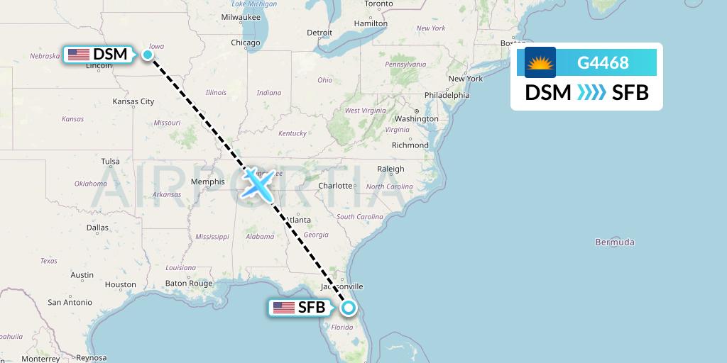 G4468 Allegiant Air Flight Map: Des Moines to Orlando
