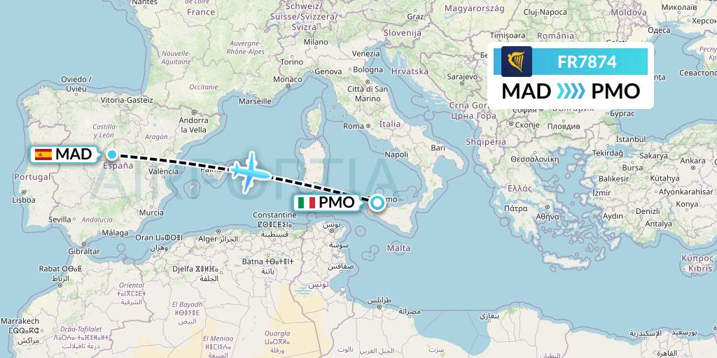 FR7874 Ryanair Flight Map: Madrid to Palermo