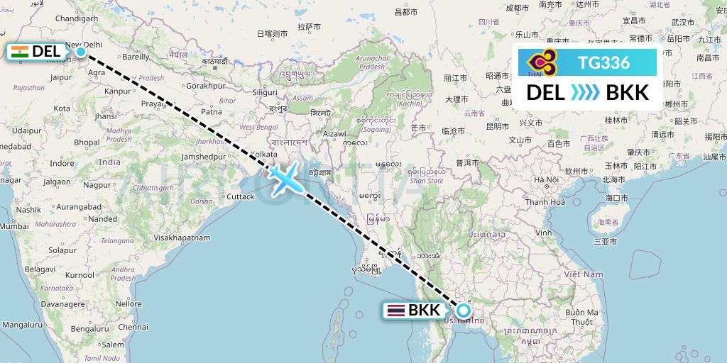 TG336 Thai Airways Flight Map: Delhi to Bangkok