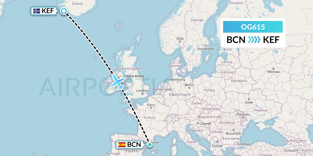 OG615 Fly Play Flight Map: Barcelona to Reykjavik