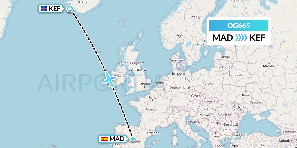 OG665 Fly Play Flight Map: Madrid to Reykjavik