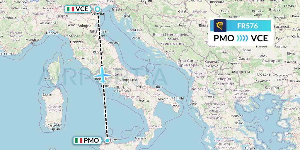 FR576 Ryanair Flight Map: Palermo to Venice