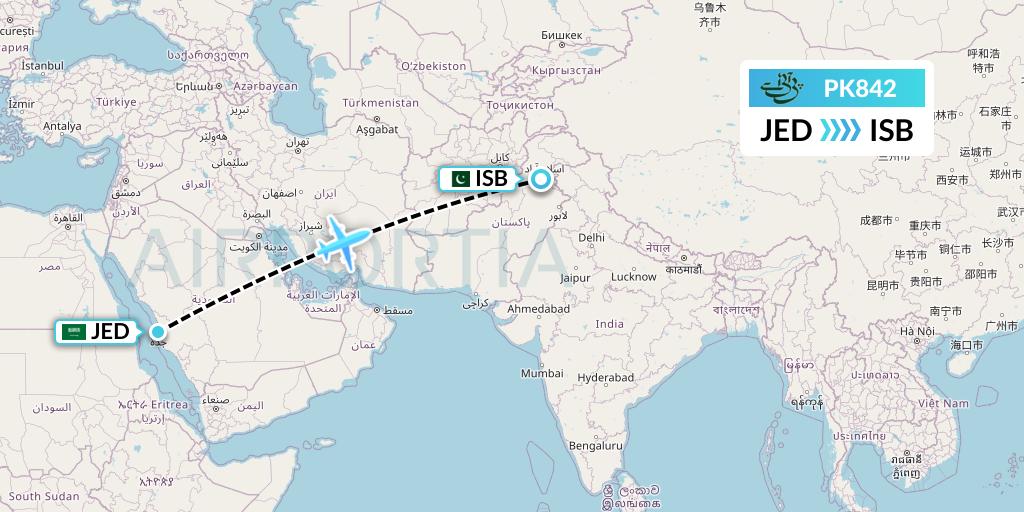 PK842 Pakistan International Airlines Flight Map: Jeddah to Islamabad