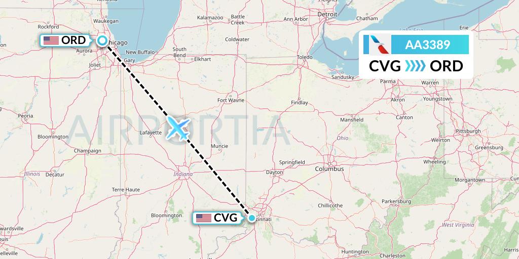 AA3389 American Airlines Flight Map: Cincinnati to Chicago