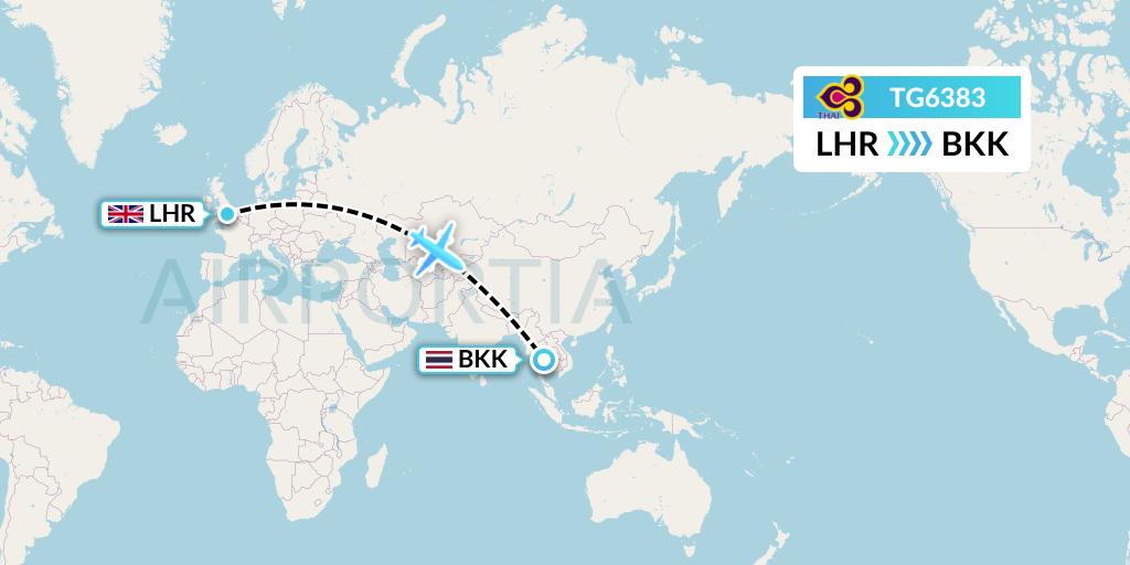 TG6383 Thai Airways Flight Map: London to Bangkok