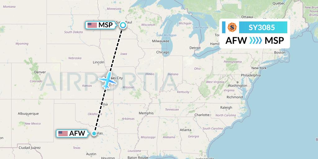 SY3085 Sun Country Airlines Flight Map: Fort Worth to Minneapolis