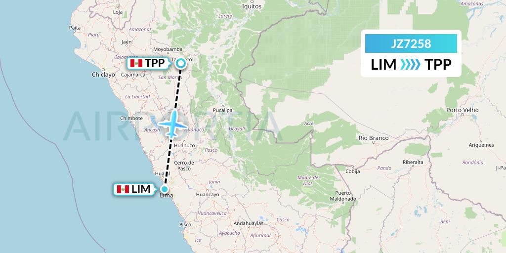 JZ7258 Jetsmart Airlines Peru Flight Map: Lima to Tarapoto