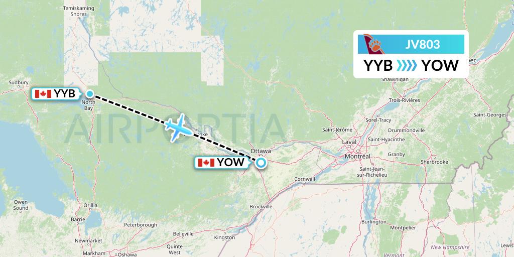 JV803 Bearskin Airlines Flight Map: North Bay to Ottawa