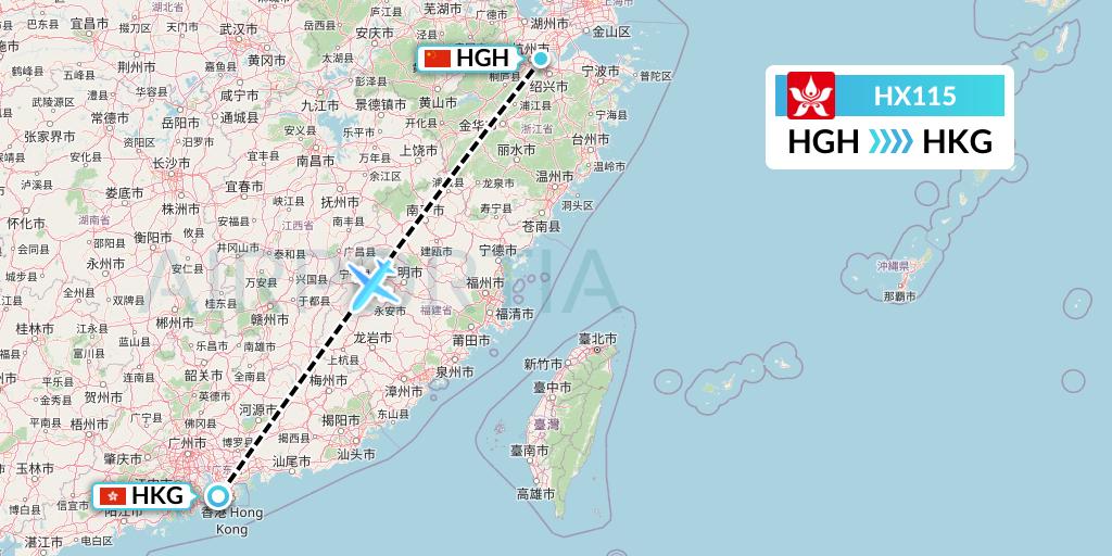 HX115 Hong Kong Airlines Flight Map: Hangzhou to Hong Kong