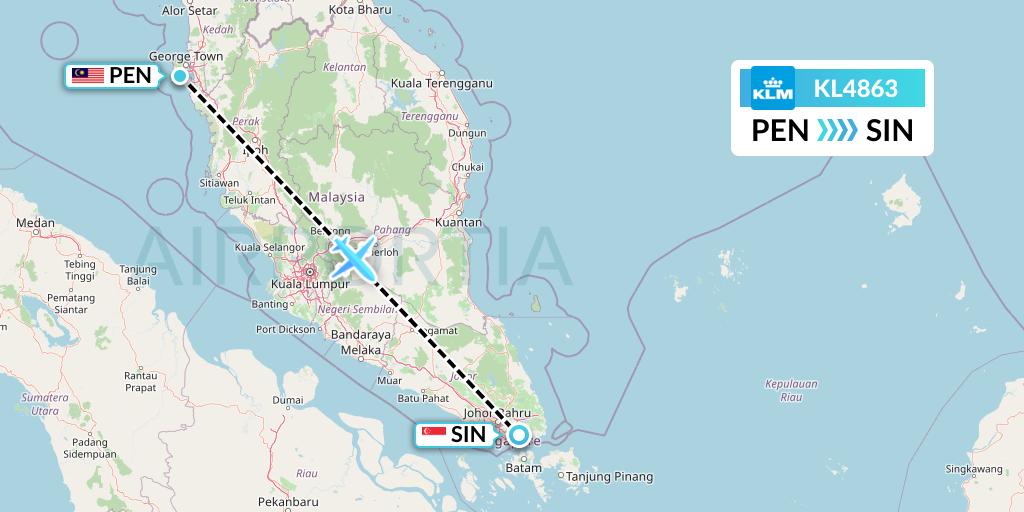 KL4863 KLM Flight Map: Penang to Singapore