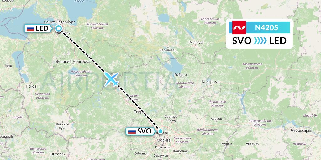 N4205 Nordwind Airlines Flight Map: Moscow to St. Petersburg