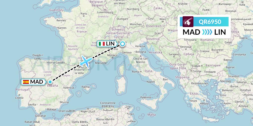 QR6950 Qatar Airways Flight Map: Madrid to Milan