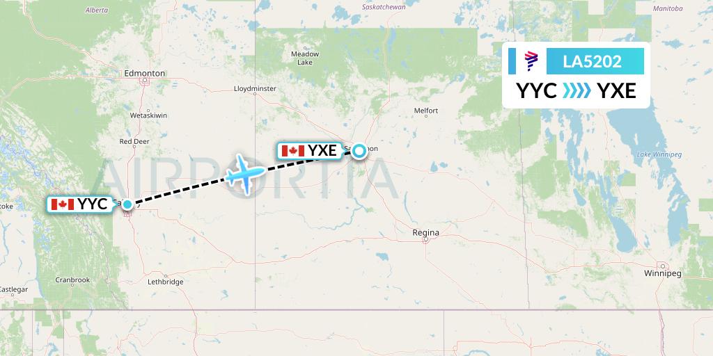 LA5202 LAN Airlines Flight Map: Calgary to Saskatoon