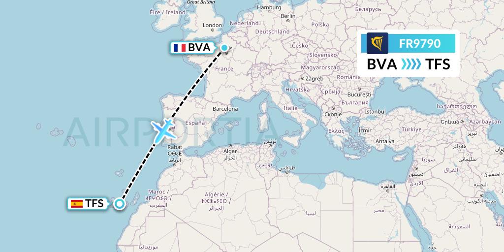 FR9790 Ryanair Flight Map: Paris to Tenerife