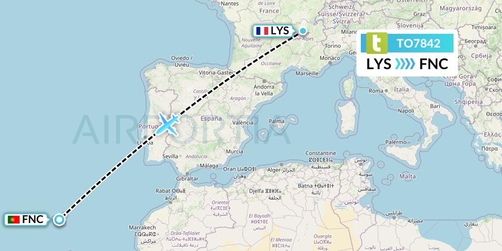 TO7842 Transavia France Flight Map: Lyon to Funchal