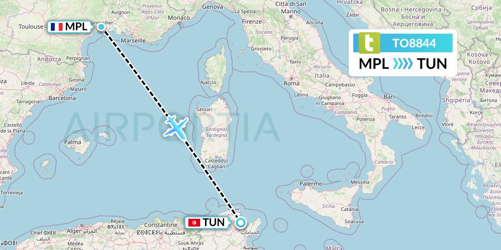 TO8844 Transavia France Flight Map: Montpellier to Tunis