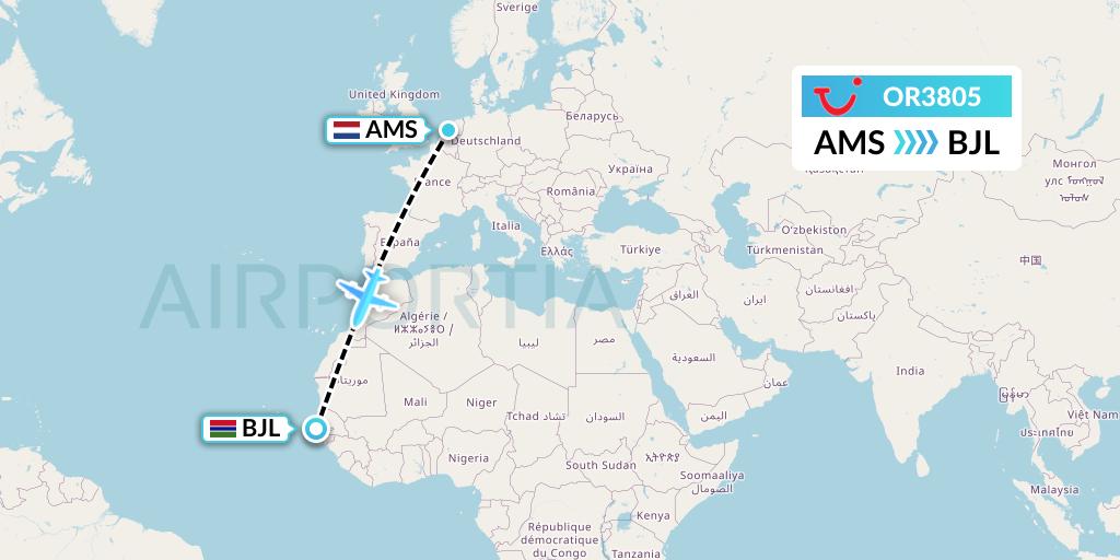 OR3805 TUI fly Netherlands Flight Map: Amsterdam to Banjul