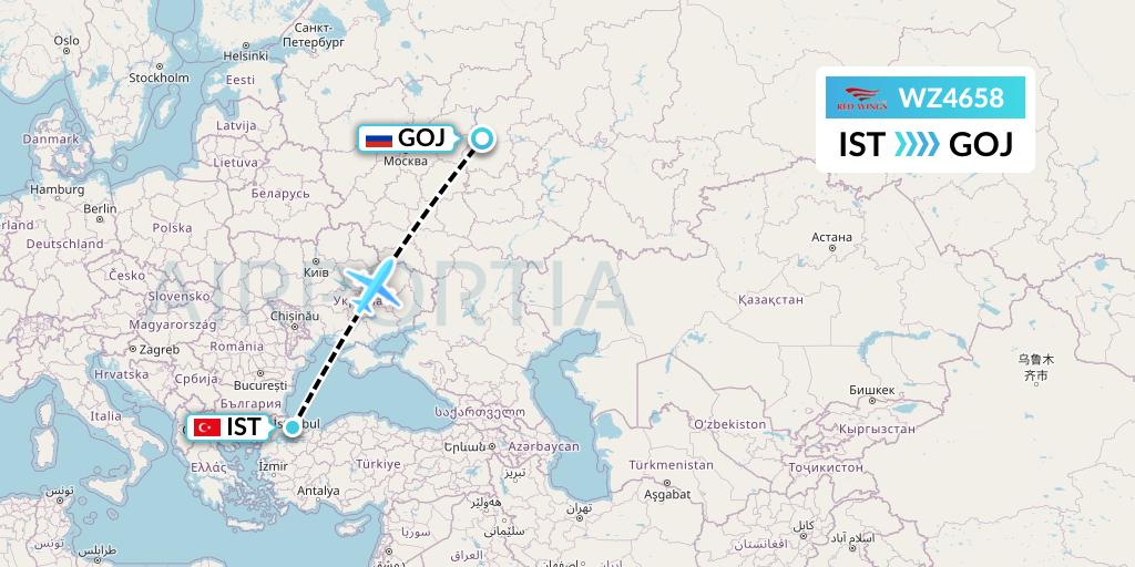 WZ4658 Red Wings Flight Map: Istanbul to Nizhny Novgorod