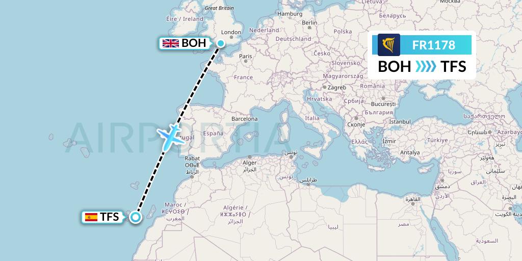 FR1178 Ryanair Flight Map: Bournemouth to Tenerife