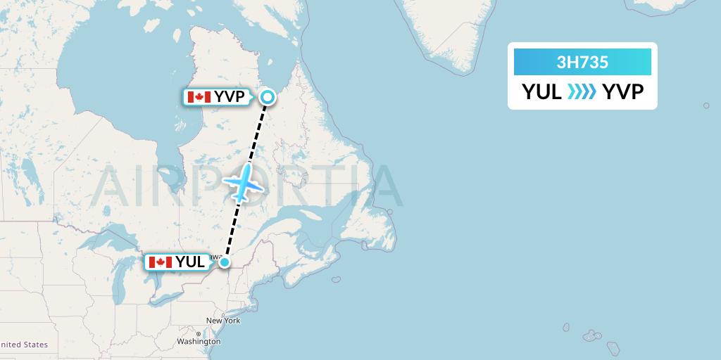 3H735 Air Inuit Flight Map: Montreal to Kuujjuaq