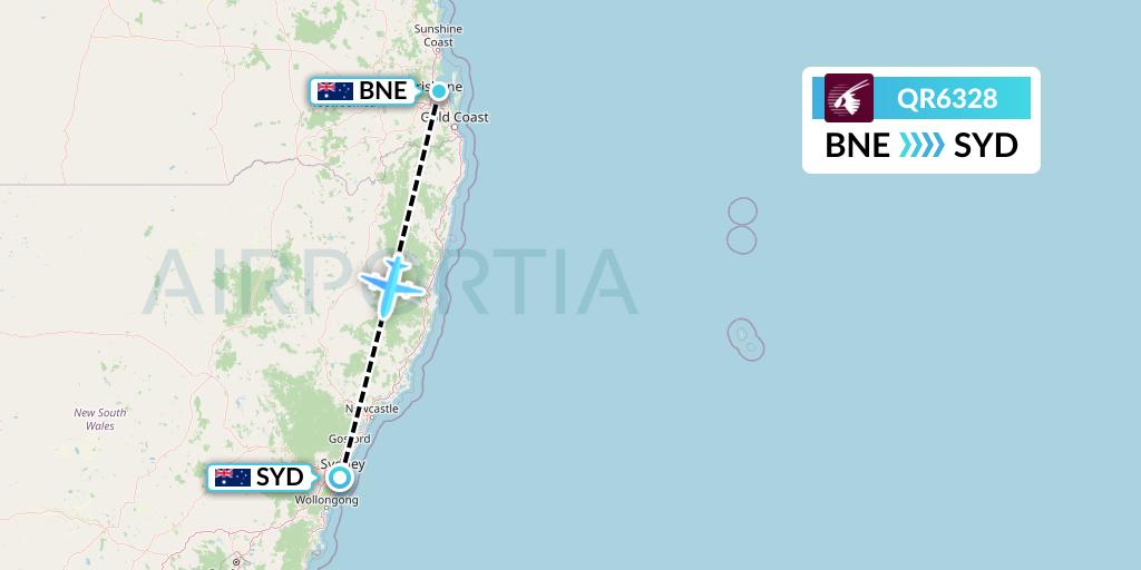 QR6328 Qatar Airways Flight Map: Brisbane to Sydney