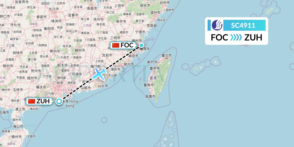 SC4911 Shandong Airlines Flight Map: Fuzhou to Zhuhai