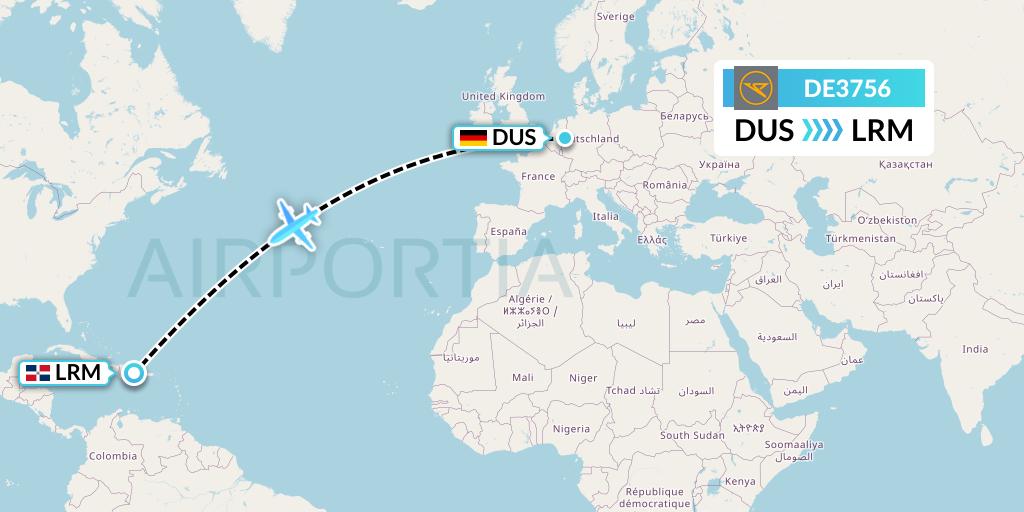DE3756 Condor Flight Map: Dusseldorf to La Romana