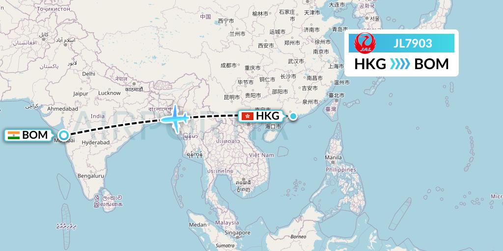JL7903 Japan Airlines Flight Map: Hong Kong to Mumbai