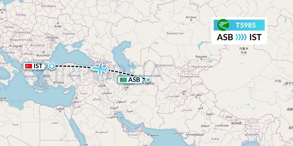 T5985 Turkmenistan Airlines Flight Map: Ashgabat to Istanbul