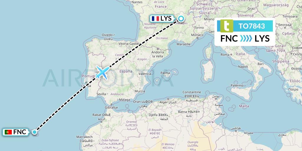 TO7843 Transavia France Flight Map: Funchal to Lyon