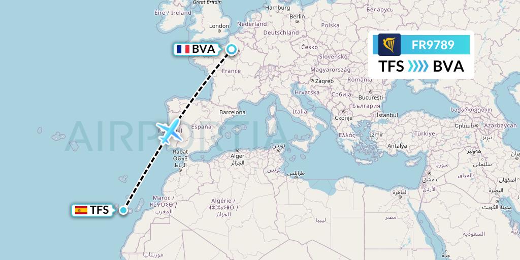 FR9789 Ryanair Flight Map: Tenerife to Paris