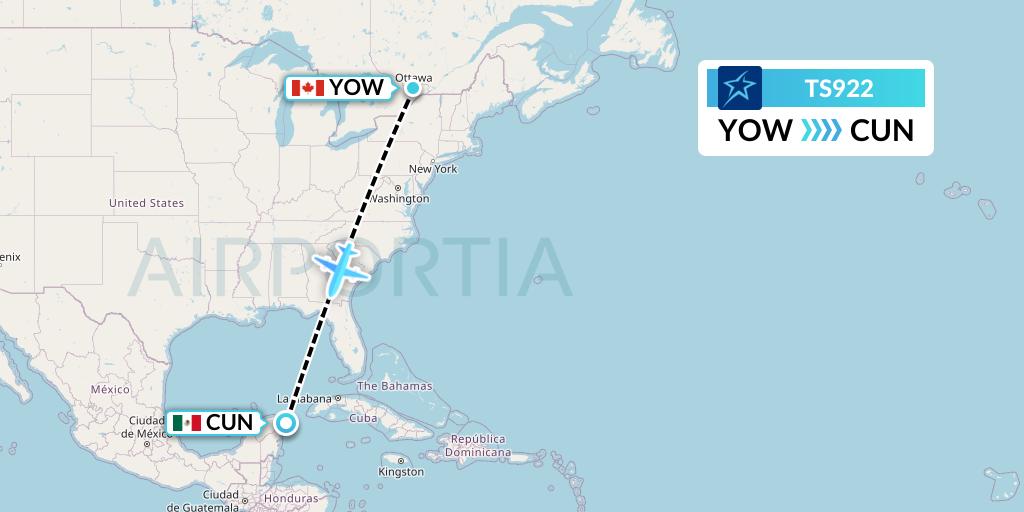 TS922 Air Transat Flight Map: Ottawa to Cancun