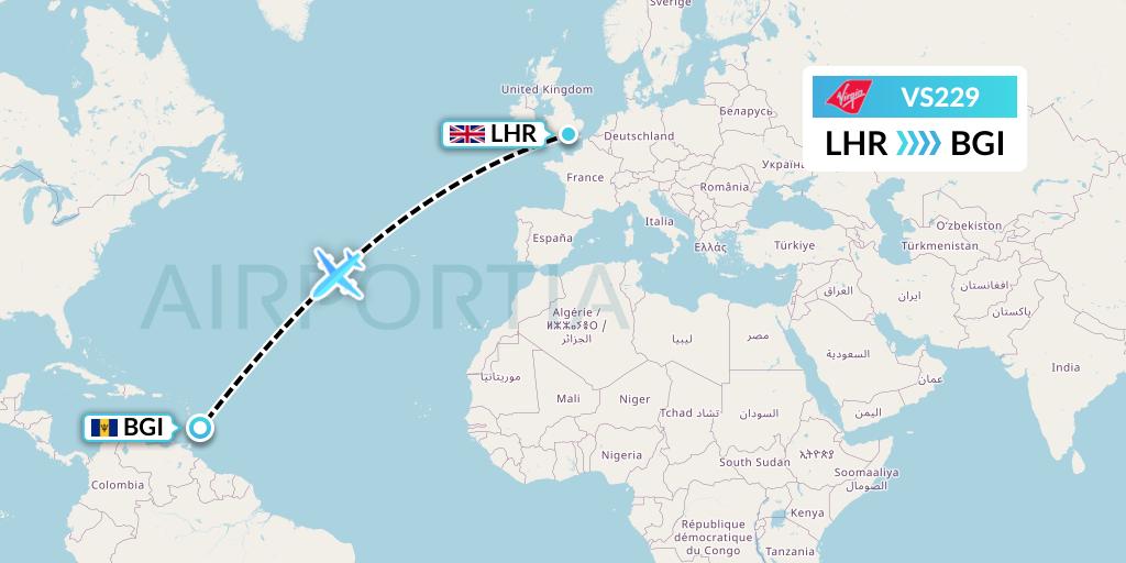 VS229 Virgin Atlantic Airways Flight Map: London to Bridgetown
