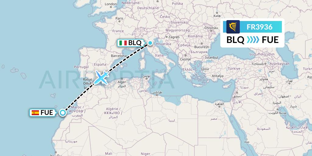 FR3936 Ryanair Flight Map: Bologna to Fuerteventura