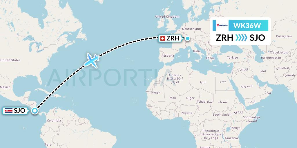 WK36W Edelweiss Air Flight Map: Zurich to San Jose