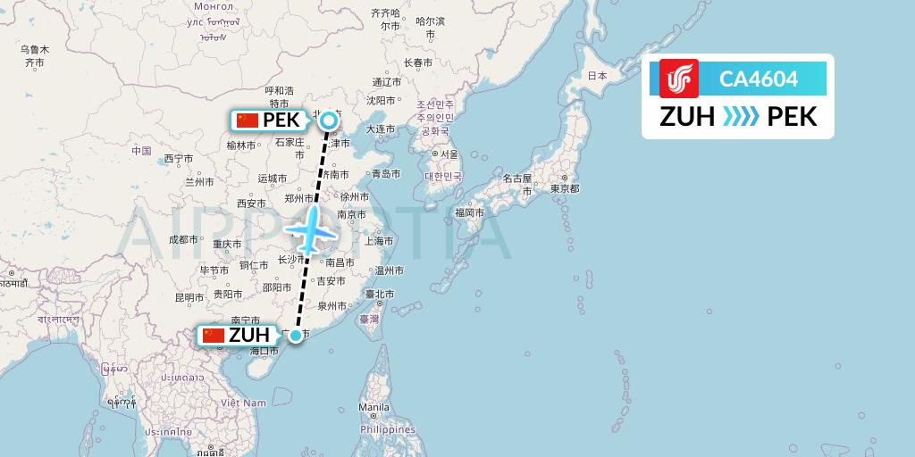 CA4604 Air China Flight Map: Zhuhai to Beijing