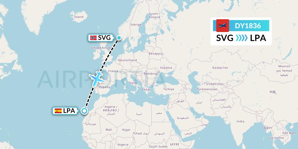 DY1836 Norwegian Flight Map: Stavanger to Las Palmas