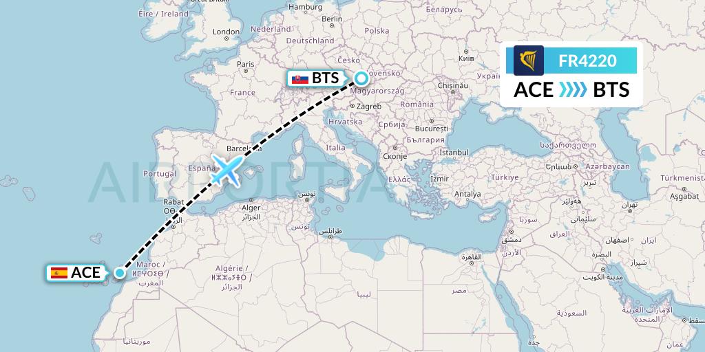 FR4220 Ryanair Flight Map: Lanzarote to Bratislava
