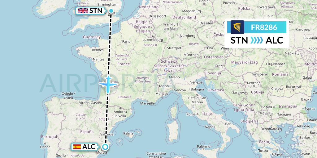 FR8286 Ryanair Flight Map: London to Alicante