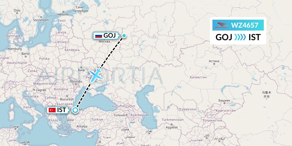 WZ4657 Red Wings Flight Map: Nizhny Novgorod to Istanbul